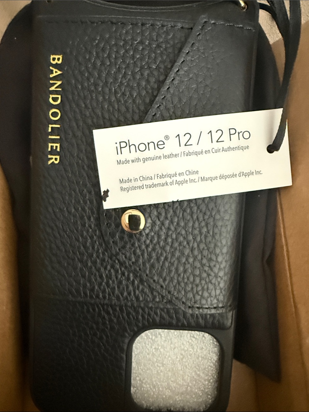 Bandolier Black Leather iPhone 12 / 12 Pro Crossbody Case with Gold Logo